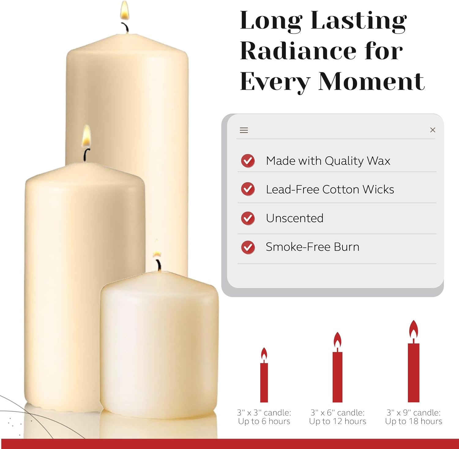 Vanilla Pillar Candles Set of 3 - Dripless Unscented - 3x3, 3x6 & 3x9 Decorative Candles for Home Decor & Table Centerpieces, PARNOO - Image 3