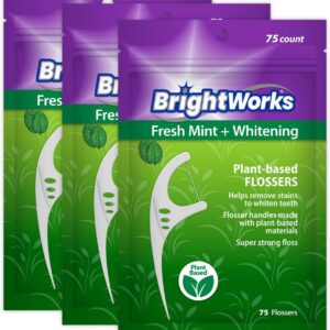 225 Piece BrightWorks Fresh Mint + Whitening Dental Flossers with Plant-Based Handles, Super-Strong Floss and Mint-Flavored Floss with Micro-Crystals, 75 Count (Pack of 3)