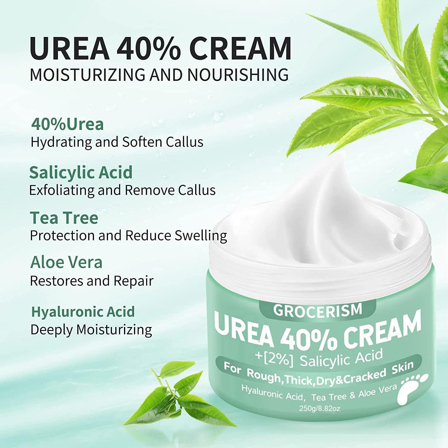 Urea Cream 40 Percent For Feet Plus 2% Salicylic Acid 8.82 oz || Foot Cream and Hand Cream Maximum Strength with Hyaluronic Acid, Tea Tree,and Aloe Vera for Deep Moisturizes, Callus Remover and Soften - Image 3