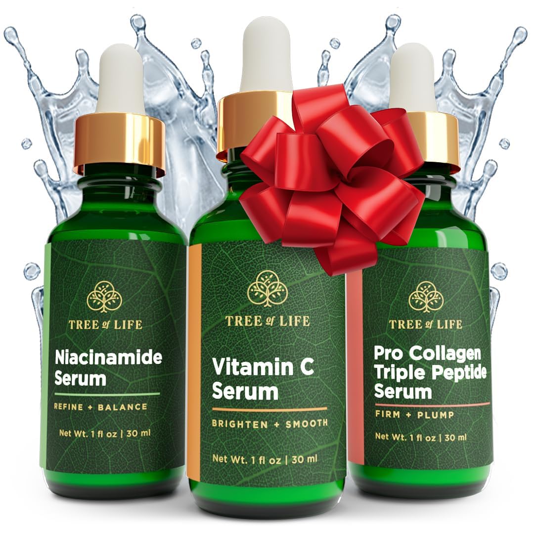 Tree of Life Beauty Skin Care Set, Brightening, Firming, Dry Face, Dermatologist Tested - Complete Hydration Trio, Vitamin C Serum, Niacinamide Serum, Pro Collagen Peptide Serum, 3 count of 1Fl oz