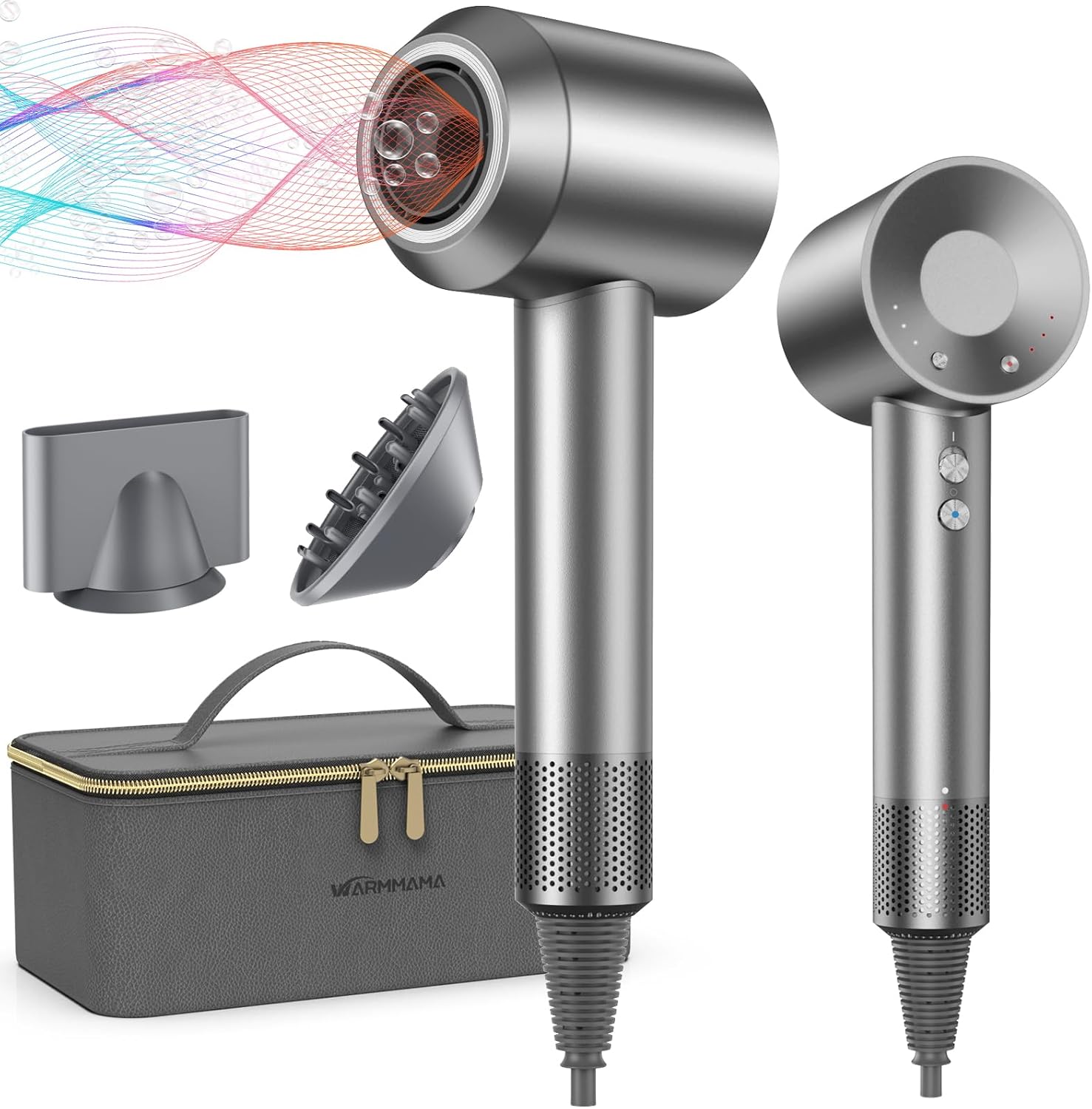 Ionic Hair Dryer with Diffuser, warmmama 1500W High Speed Blow Dryer with 3 Speeds and 4 Temps for Men & Women, Hair Blow Dryers Fast Drying Brushless Motor with Nozzle Bag for Home Salon Travel, Grey
