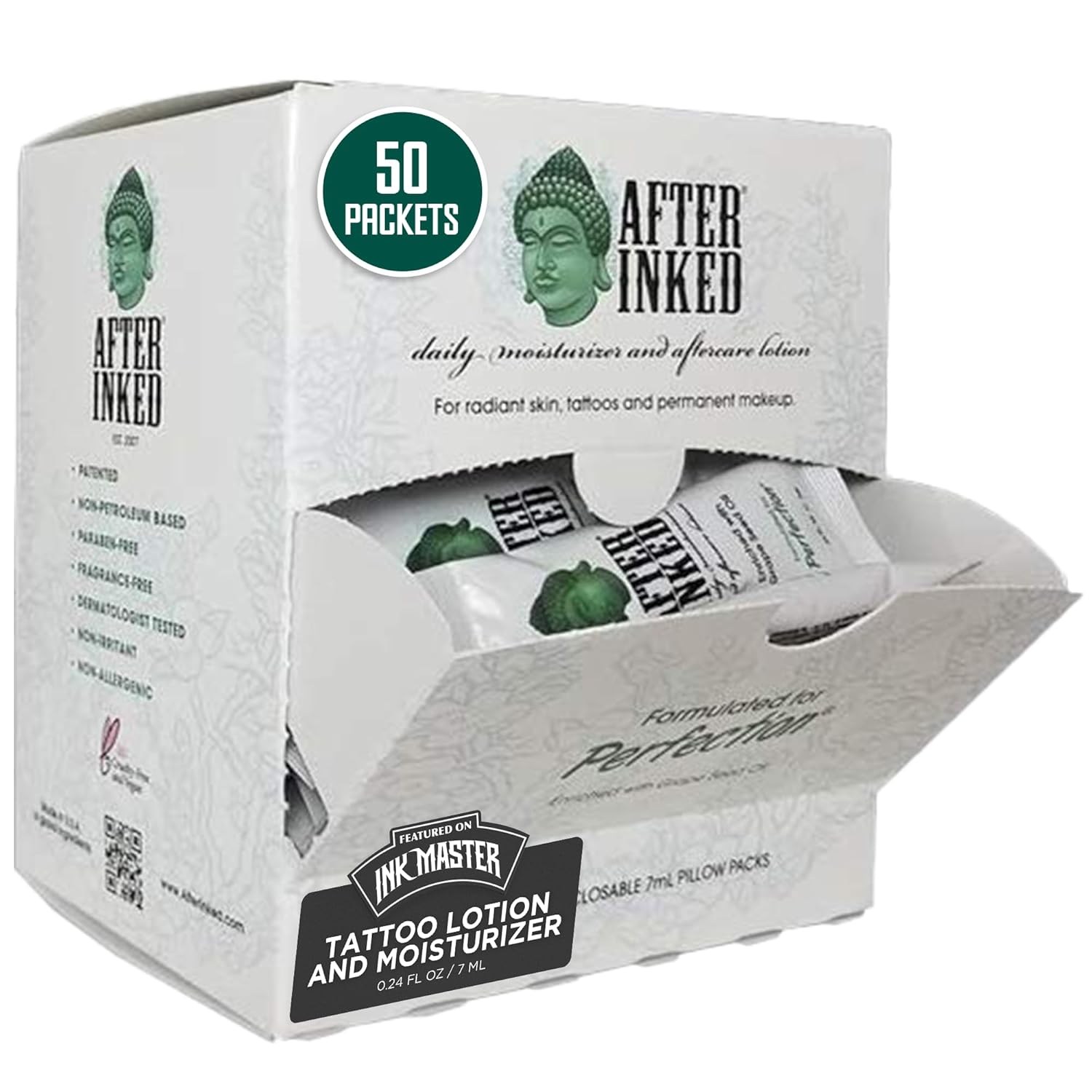 After Inked Tattoo Aftercare Lotion – Tattoo Moisturizing Balm, As Seen on INK MASTER – Hydrating Cream with Grape Seed Oil, Skin Nourishment & Daily Maintenance, Reclosable Pillow Pack (50-Pack), 7ml