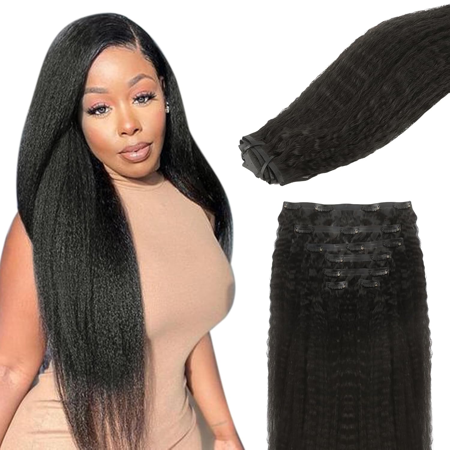 Lashey Clip in Hair Extensions 100% Real Human Hair Kinky Straight Invisi Edge Seamless Clip in Hair Extensions 110g Natural Black 16 Inch Human Hair for Black Women
