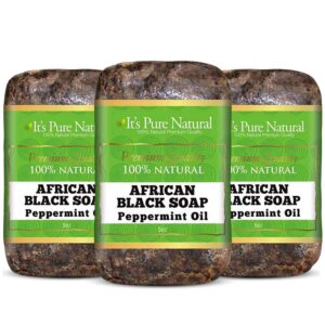 It's Pure Natural African Black Soap Bars with Peppermint Oil (Pack of 3) Organic Raw Soap for Face & Body, Acne Treatment & Dark Spot Remover [Made in Ghana]