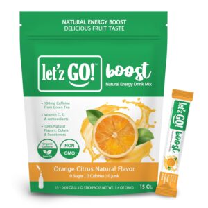 Let'z Go Clean Energy Drink Mix [Healthy Caffeine] Energy Drink Powder With Natural Caffeine Packets, High in Vitamins C + D, Electrolytes for Hydration | Sugar Free | No Calories | Pre Workout Powder | Anytime Energy | Daily Fuel With No Crash Or Jitters | 15 Count (Orange Citrus)