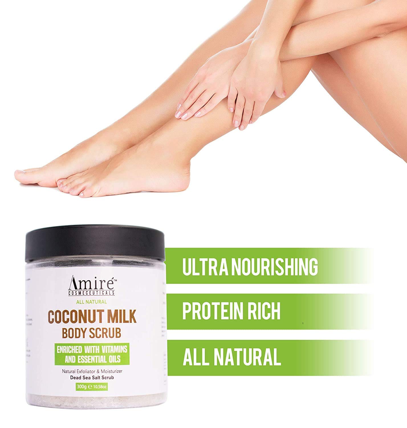 Coconut Milk Scrub For Body And Face, 100% Pure Dead Sea Salt Exfoliating and Moisturizing Scrub For Cellulite Stretch Marks, Acne and Varicose Veins with Vitamin E, Shea Butter, Argan Oil, 300g - Image 3