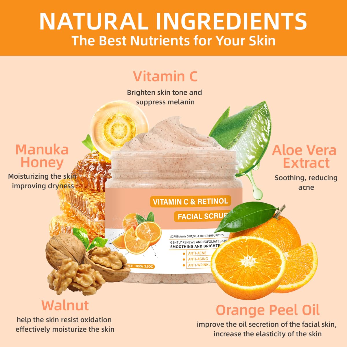 Gentle Vitamin C Retinol Aloe Vera Exfoliating Face Scrub, 6 oz Deep Cleansing Cream - Image 6