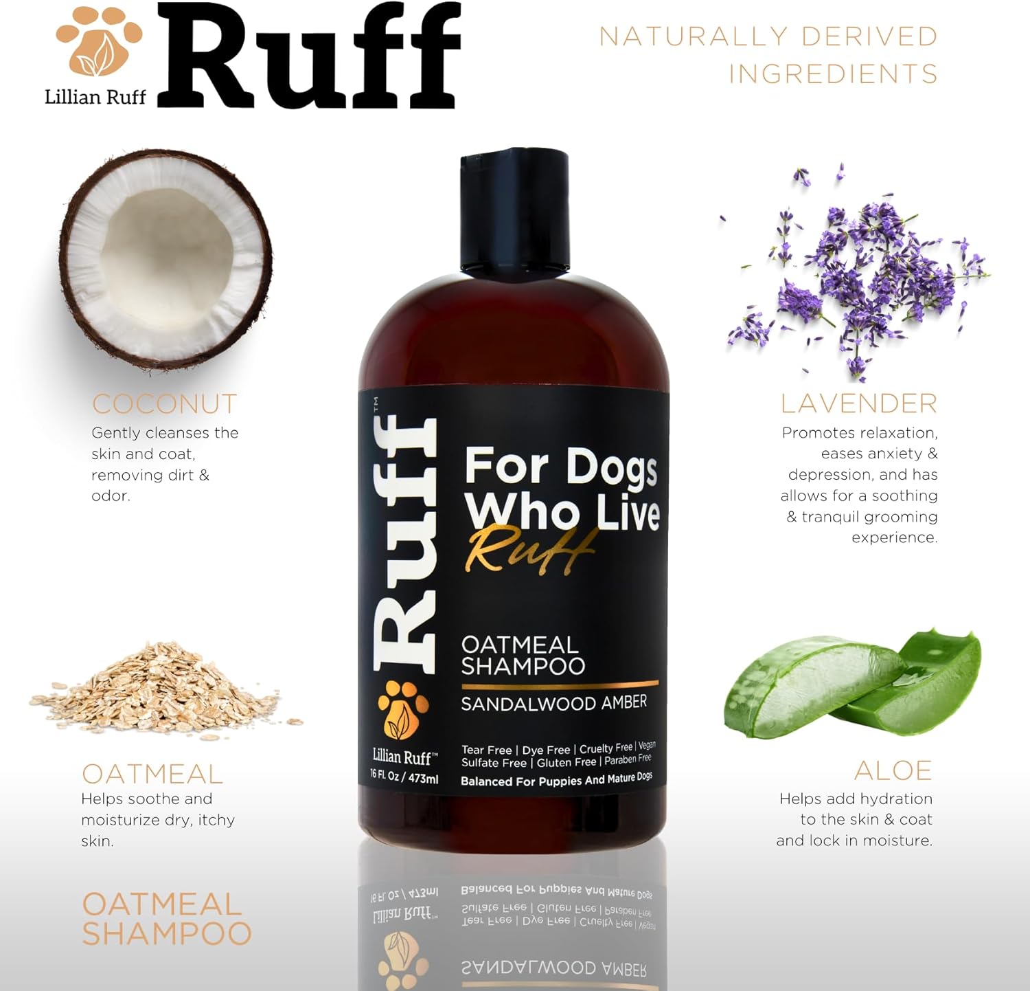 RUFF by Lillian Ruff Oatmeal Dog Shampoo | Sandalwood Amber | Professional Dog Shampoo With Aloe & Coconut Oil | Relieves Itching & Hot Spots | Moisturizing & Deodorizing | Safe for Puppies | USA Made - Image 4