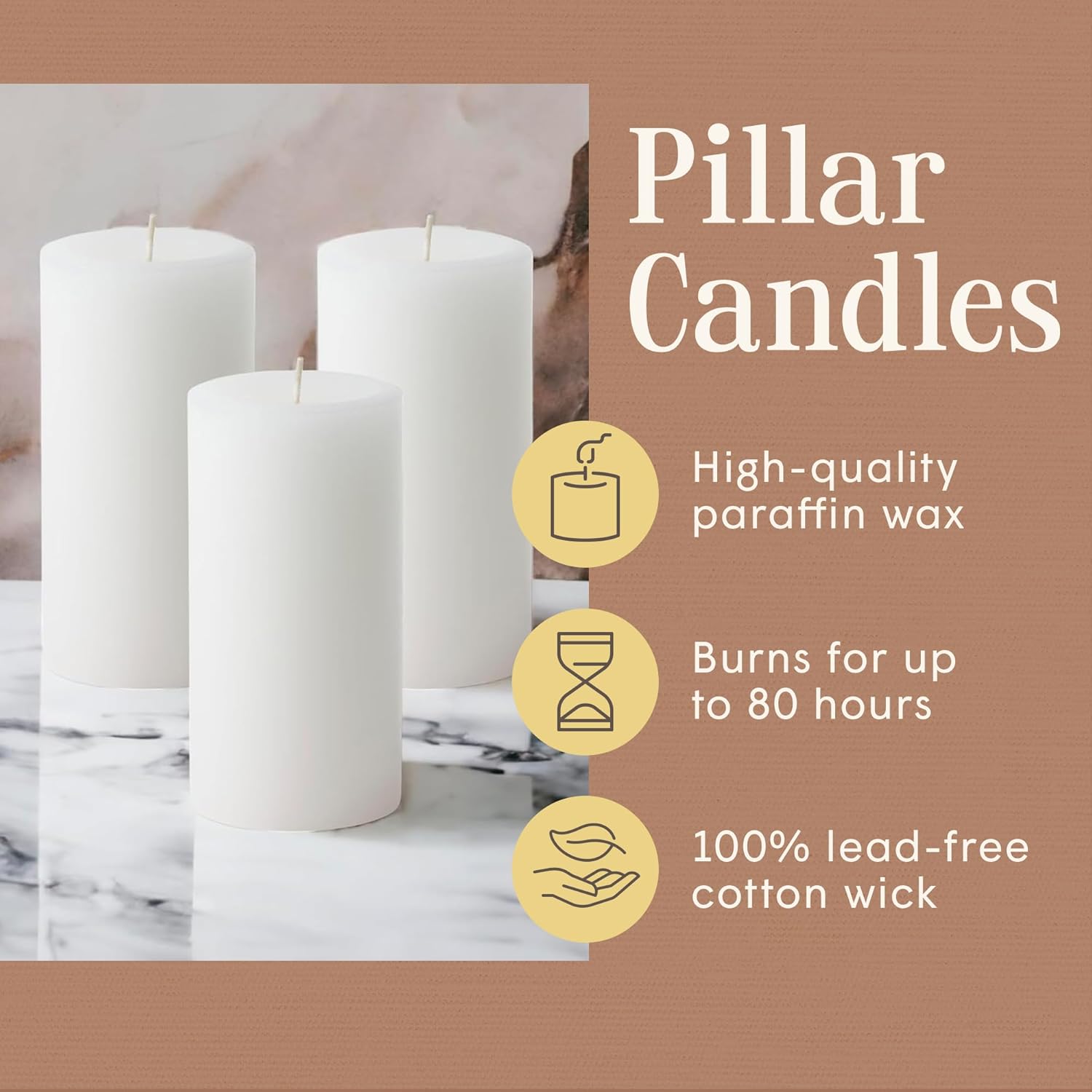 Mister Candle Dripless Unscented Pillar Candles, Set of 3 Hand Poured White Solid Color Non-Scented Candles for Home Decor, Premium Wax, 80 Hr Burn Time, 3x6 Inch - Image 3