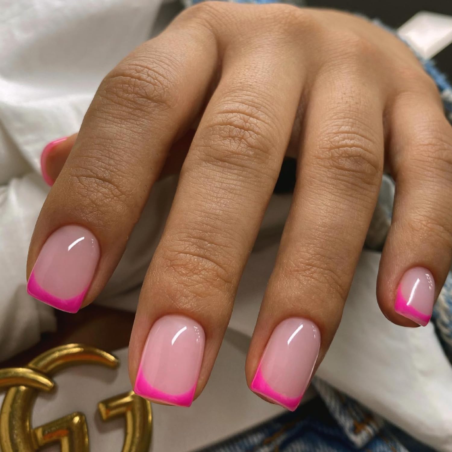 Hot Pink French Tip Press on Nails Short Square Nails Press ons French Tip Glue on Nails for Women DIY Acrylic French Nails Short Gel Nails, Natural Thick Extra Short French Fake Nails 30Pcs 15 Sizes - Image 2