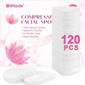 120-Count Compressed Facial Sponges, Face Sponges for Cleansing, 100% Natural Cellulose Cosmetic Spa Scrub for Makeup Removal, Exfoliating Mask, Skin Massage - White