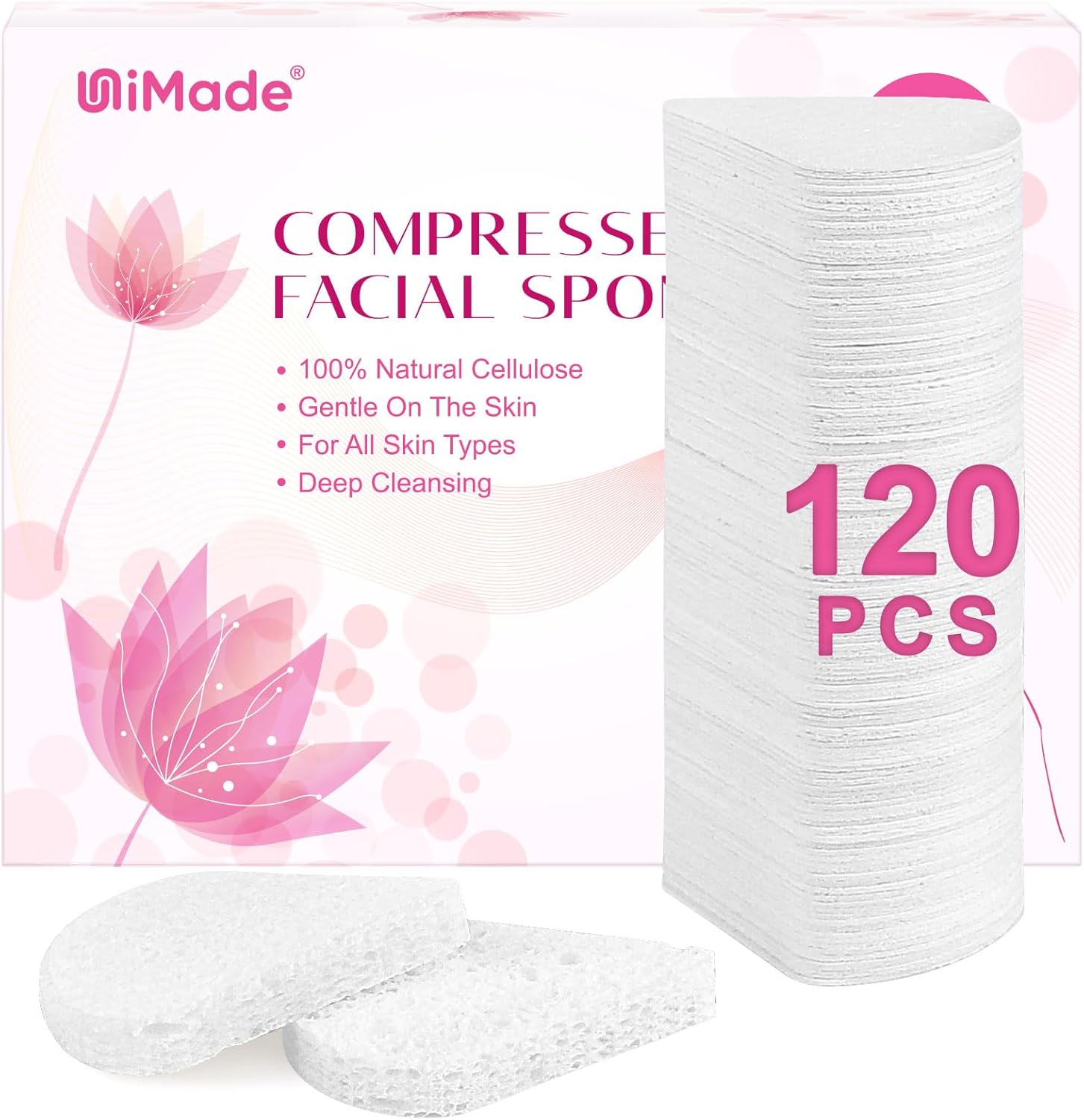 120-Count Compressed Facial Sponges, Face Sponges for Cleansing, 100% Natural Cellulose Cosmetic Spa Scrub for Makeup Removal, Exfoliating Mask, Skin Massage - White