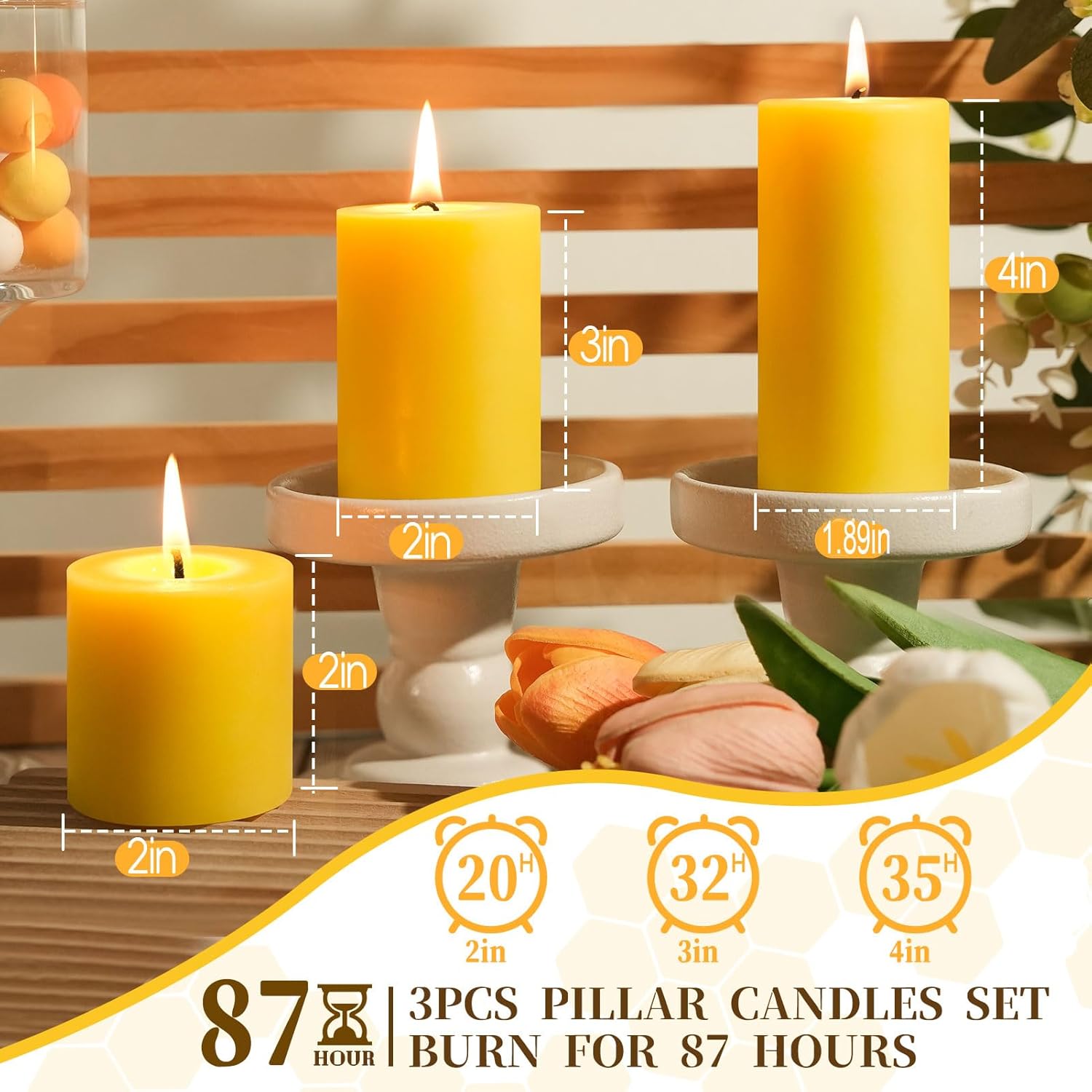 Beeswax Pillar Candles Set of 3,100% Pure Beeswax Candles, 87 Hour Burn Time Bees Wax Candles for Home, Prayer, Unscented, Dripless and Smokeless Organic Pillar Candles,2x2in,2x3in,1.89x4in - Image 4