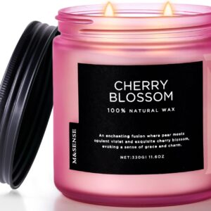 M&SENSE Cherry Blossom Scented Spring Candle, 70 Hours Long Lasting Soy Wax 11.6oz Stress Relief Aromatherapy Candles, Romantic Gifts for Women, Glass Jar for Bedroom Decor