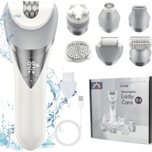 Epilator for Women, 7 in 1 Epilator Hair Removal for Women, Shaver, Bikini, Face Razor, Facial Brush, Face Massage and Body Exfoliator, IPX6 Waterproof Painless Lady Shaver Wet & Dry (White)