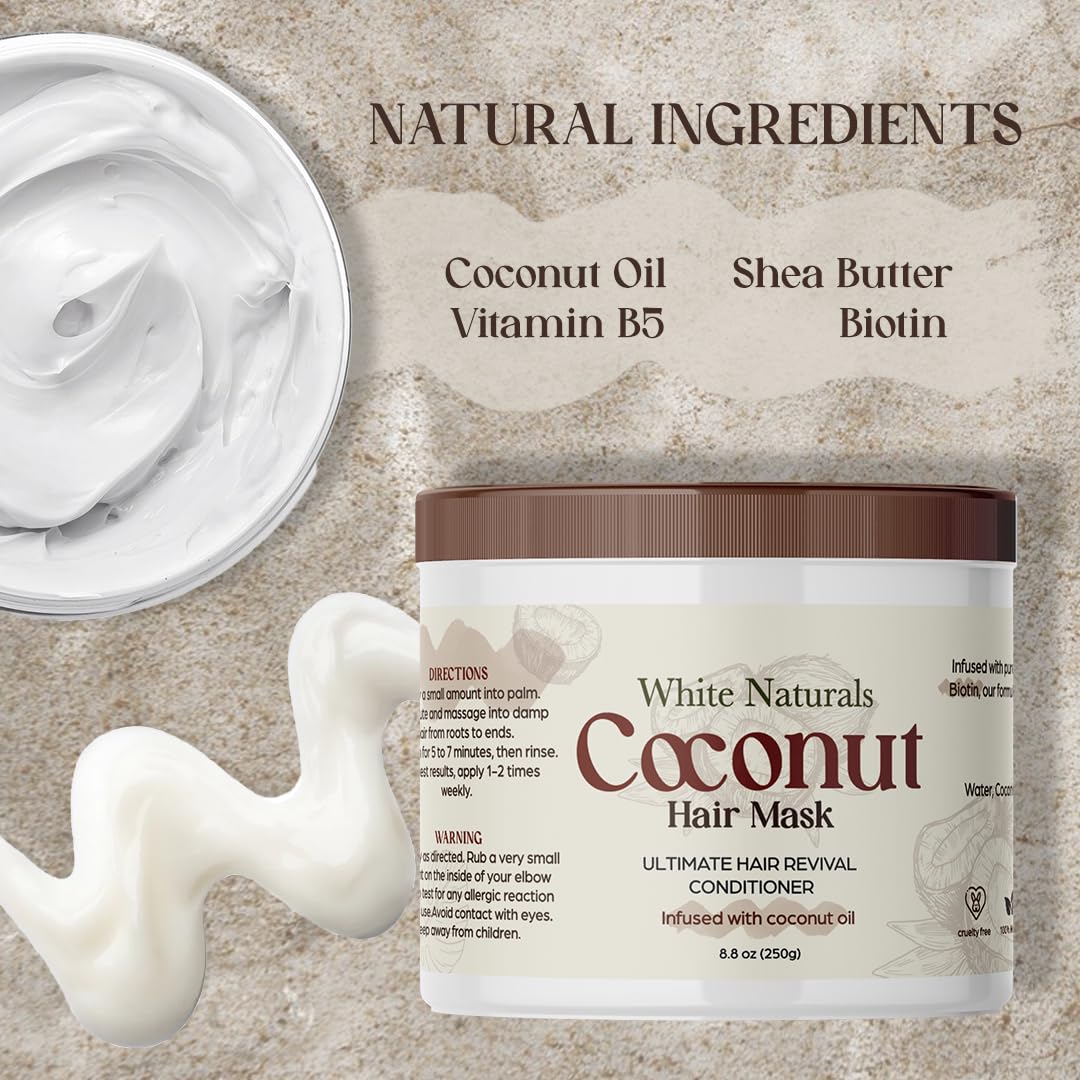Organic Coconut Hair Mask for Hair Growth and Volume, Moisturizing and Deep Conditioning Mask For Dry Damaged Hair, Hair Tchicking Treatment Cream Mask, Fights Breakages and Split Ends - Image 2