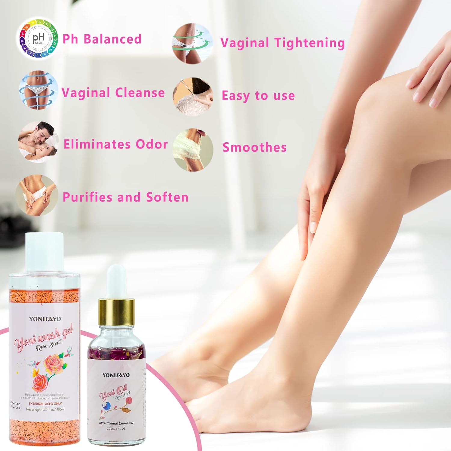Yoni Wash Yoni Oil Set for Women, Feminine Wash with Cleaning Factor, Remove Odor, pH Balance for Women and Vaginial Deodorants, 6.7 fl.oz Intimate Wash, Natural Feminine Oil 30ml, Rose - Image 4