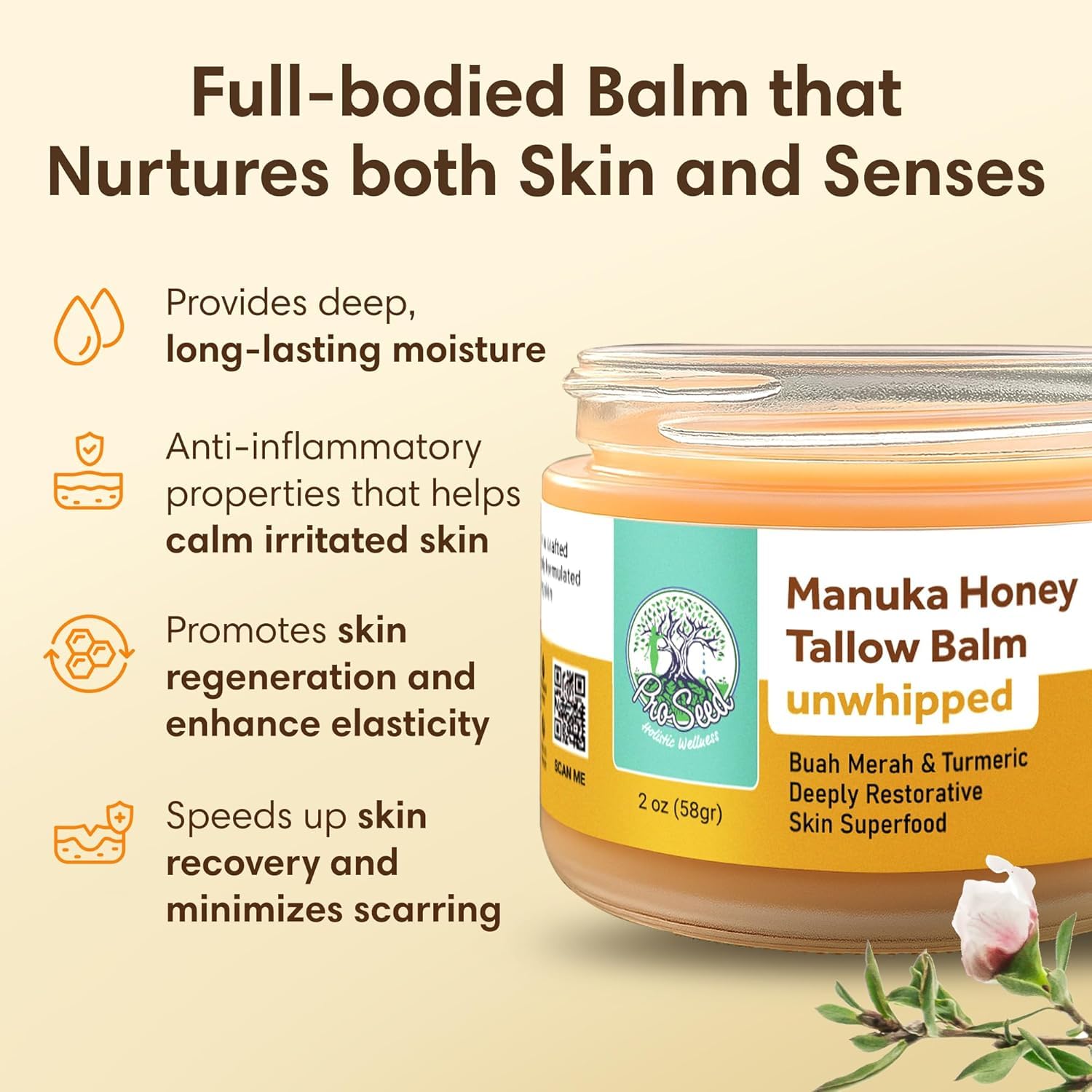 Handmade Grass-Fed Manuka Honey Tallow Balm 2oz Glass Jar for All Skin Types - Image 3