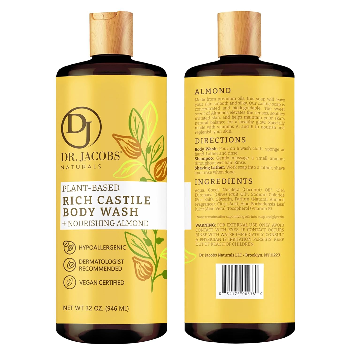 Dr. Jacobs Naturals Castile Almond All-Natural Body Wash for Moisturizing Dry and Sensitive Skin with Plant-Based Ingredients with Pump - 32 Ounce - Image 2