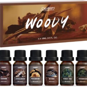 SALUBRITO Woody Fragrance Oils Set, Wood Essential Oil Set for Diffuse, Forest Pine, Sandalwood, Leather, Teakwood, Myrrh, Cedarwood Scented Oil for Candle, Soap Making