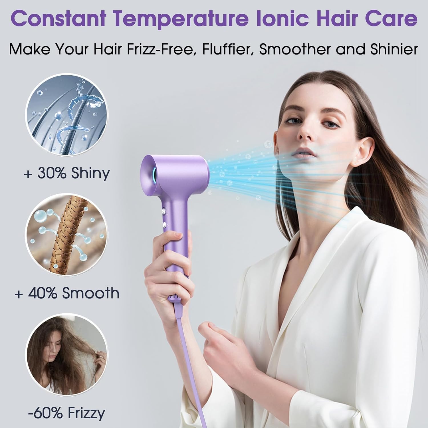 KARFUN Purple Ionic Hair Dryer 110000 RPM Brushless Motor Low Noise 3 Temps 2 Speeds - Image 7