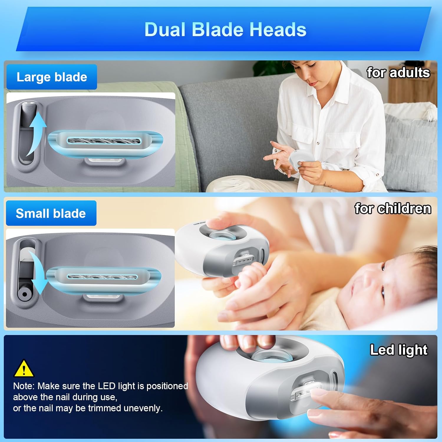 Electric Nail Clippers Automatic Nail Trimmers with Dual Blade Heads, LED Light, Nail Care Tool, Cutter & Grinder for Fingernails, Safe for Babies, Kids, Adults, Seniors, Weak Hands - Image 3