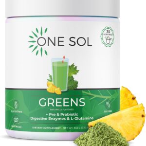 One Sol Greens, Super Greens Powder to Reduce Bloating & Improve Gut Health, Superfood Fresh Bloom Organic Greens Blend Juice & Smoothie Mix, Pre & Probiotic with Digestive Enzymes, Vegan & Soy Free