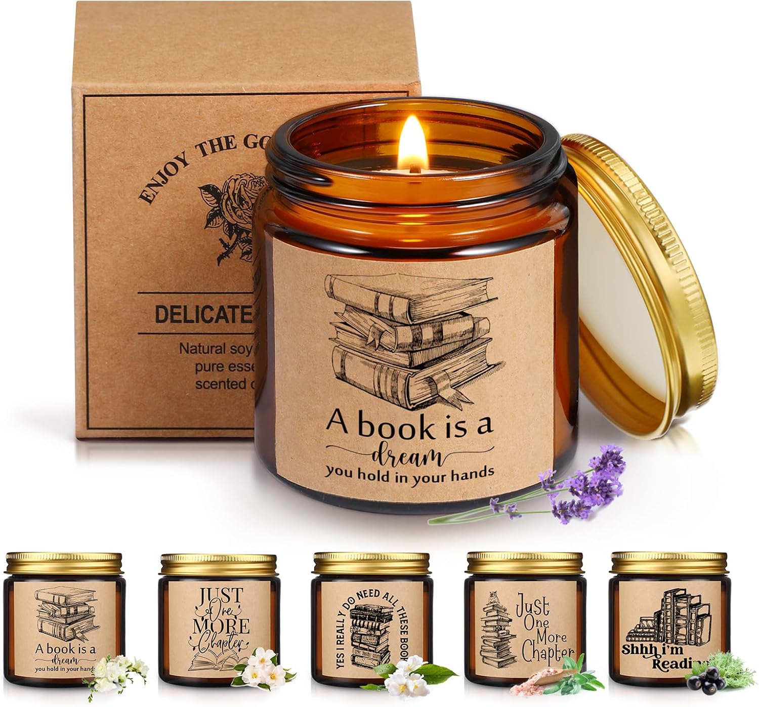 MTLEE 6 Pcs Book Lover Candle Gifts 3.5 oz Reading Scented Candle Gift Rustic Bookshelf Soy Wax Jar for World Book Day Bookworm Librarian Reader Writer Club Women Men Graduation Nurse Teacher Birthday