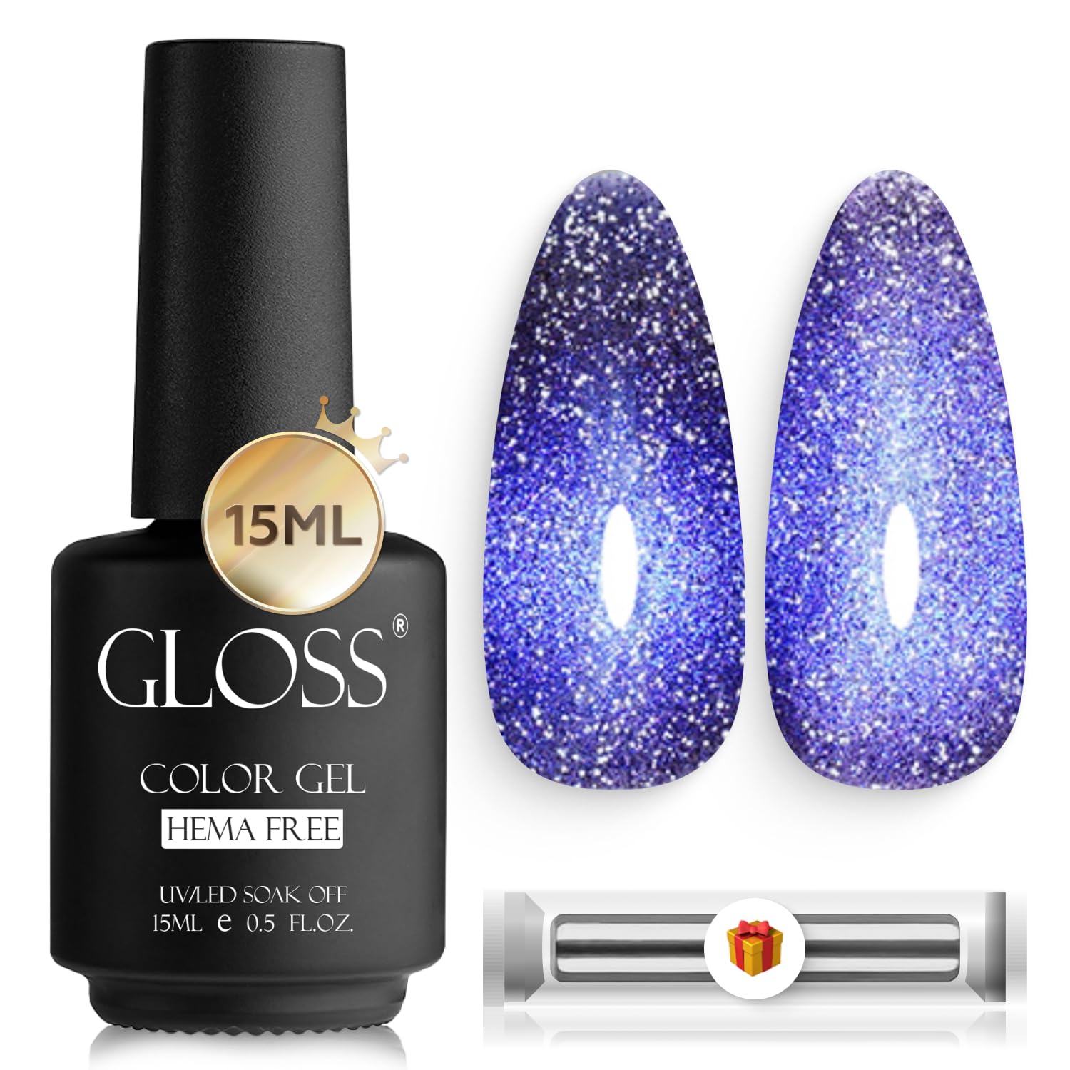 GLOSS Cat Eye Gel Nail Polish | Navy blue 15ml Hema-Free Soak Off UV Gel, Midnight Amethyst Magnetic Nail Polish, Holographic Glitter gel Varnish Art Manicure, Gifts for Girls