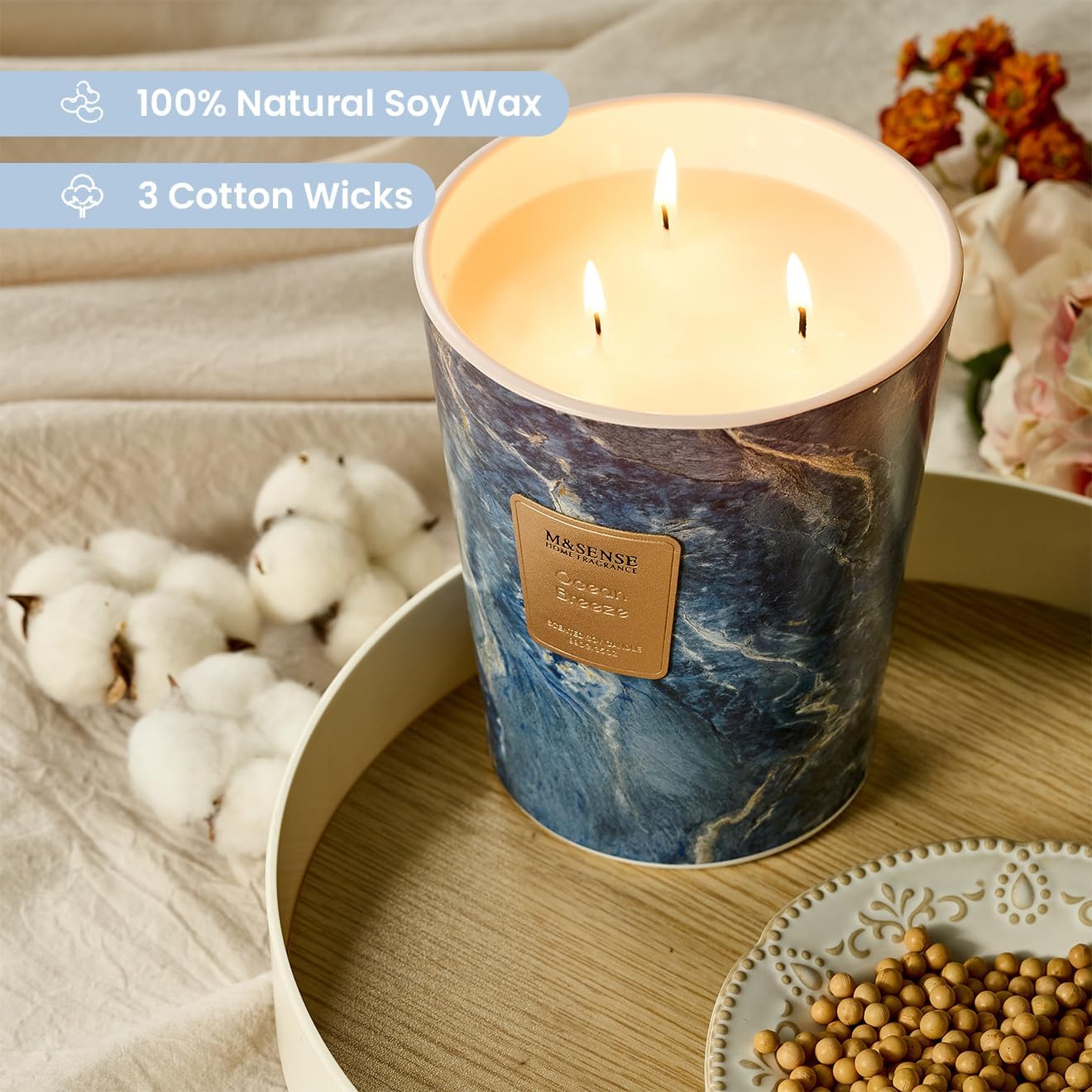 M&SENSE Ocean Breeze Scented Candles for Home, 3-Wick Highly Scented Jar Candles, 35 Oz 150 Hours Long Lasting Burning Candles Gifts for Women, Relaxing Aromatherapy Candle for Stress Relief - Image 2