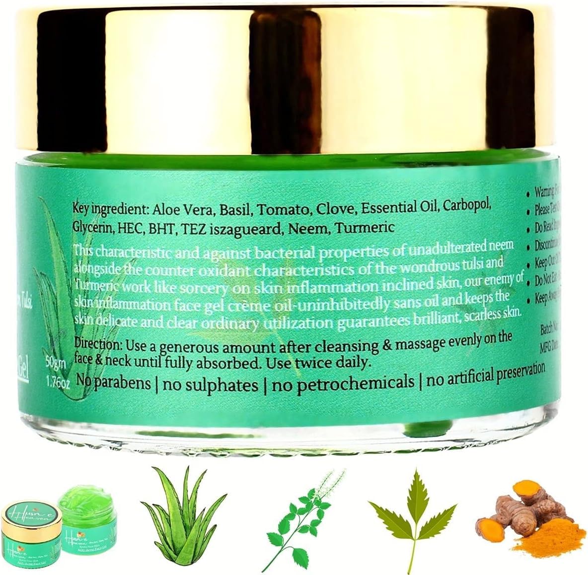Organic Anti-Acne Gel Cream for Sensitive Skin with Aloe Vera, Neem, Basil, Turmeric - 50gm - Image 5