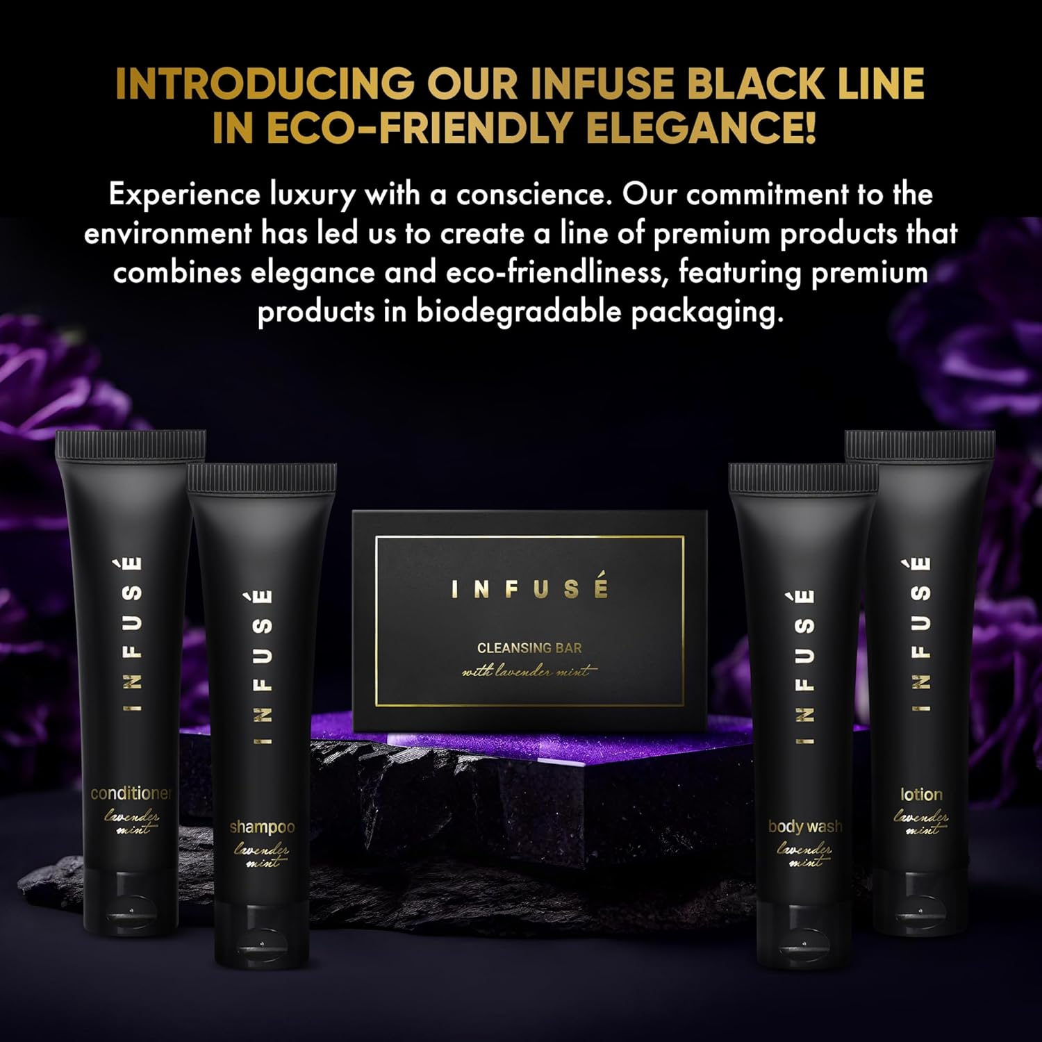 Infuse Black Soaps & Toiletries Bulk Set | 1-Shoppe Amenities Kit for Hotels & Vacation Rentals | 1 oz Shampoo, Conditioner, Body Wash, Lotion, 1.25 oz Cleansing Bar | 75 Pieces - Image 2