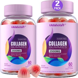 Sugar Free Collagen Gummies for Women, Super Strength 2500mg Hydrolyzed Collagen Peptides Gummies with Biotin,Vitamin D3,E,C,B12,Zinc for Skin, Nail, Hair,Bone,Joint–Natural Peach Flavor,120 Gummies