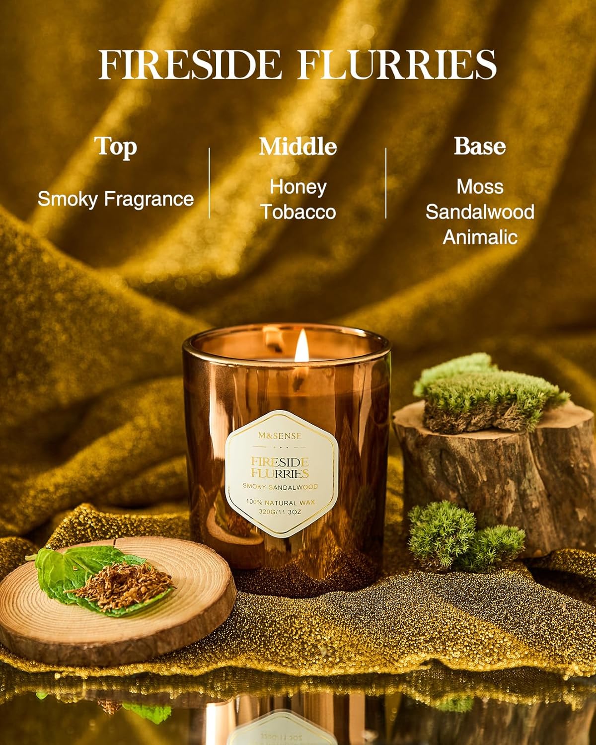 M&SENSE Fireside Flurries Candle - 11.3oz Smoky Sandalwood Scented, 70 Hours Burn Time, Natural Soy Wax for Holiday, Non-Toxic Clean Burn Cotton Wick for Spa Yoga - Image 2