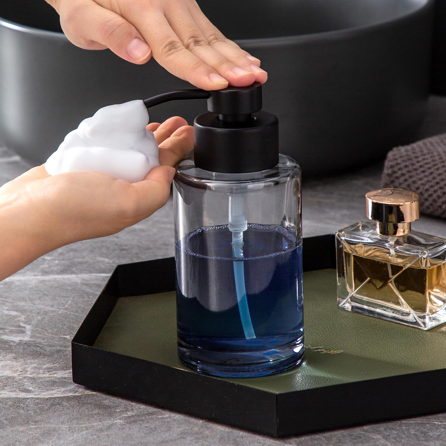 Enra 12oz Black Thick Glass Foaming Soap Dispenser with Stainless Steel Pump - Image 5