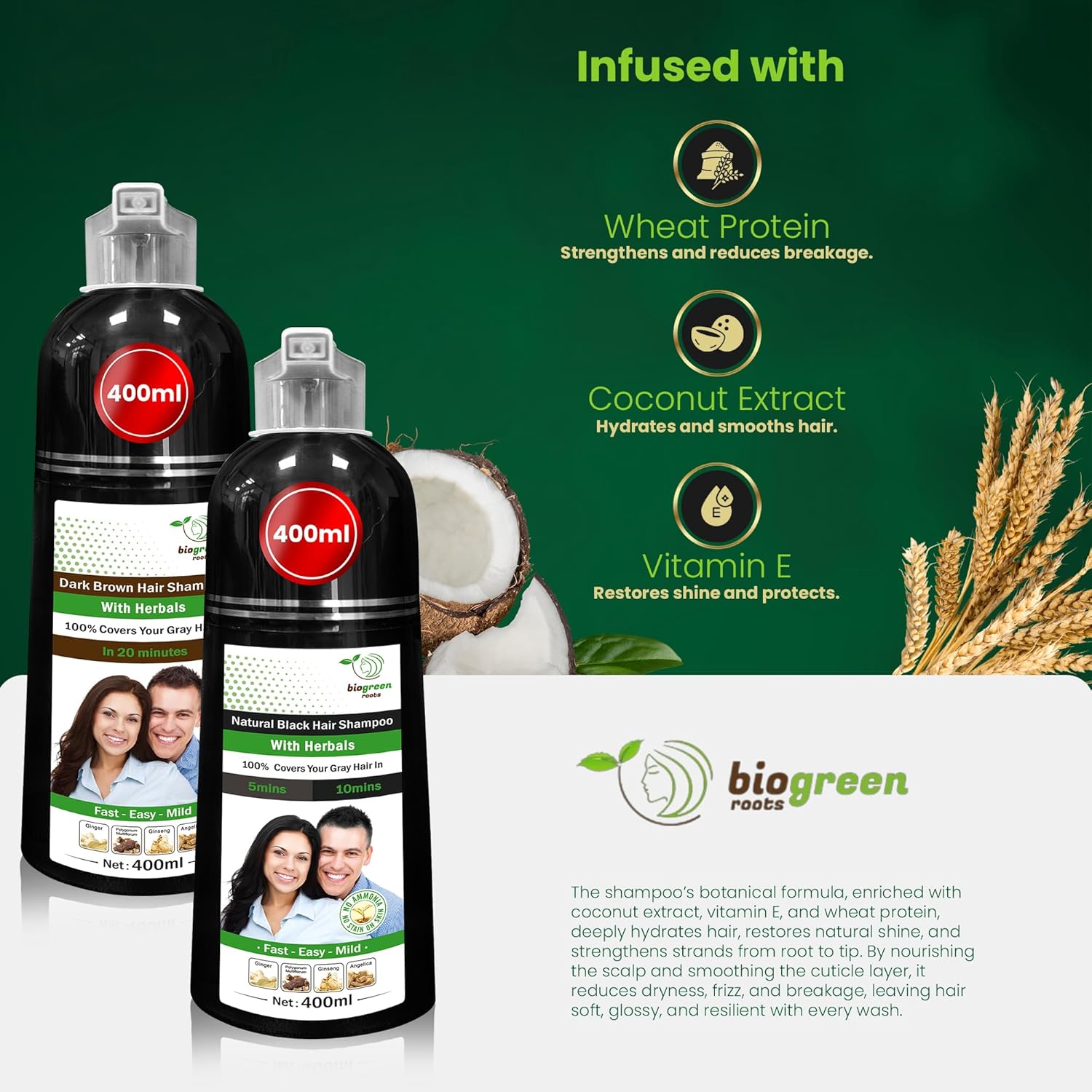Ammonia-Free Natural Herbal Hair Shampoo for Men and Women Black Dark Brown 400 ml - Image 4