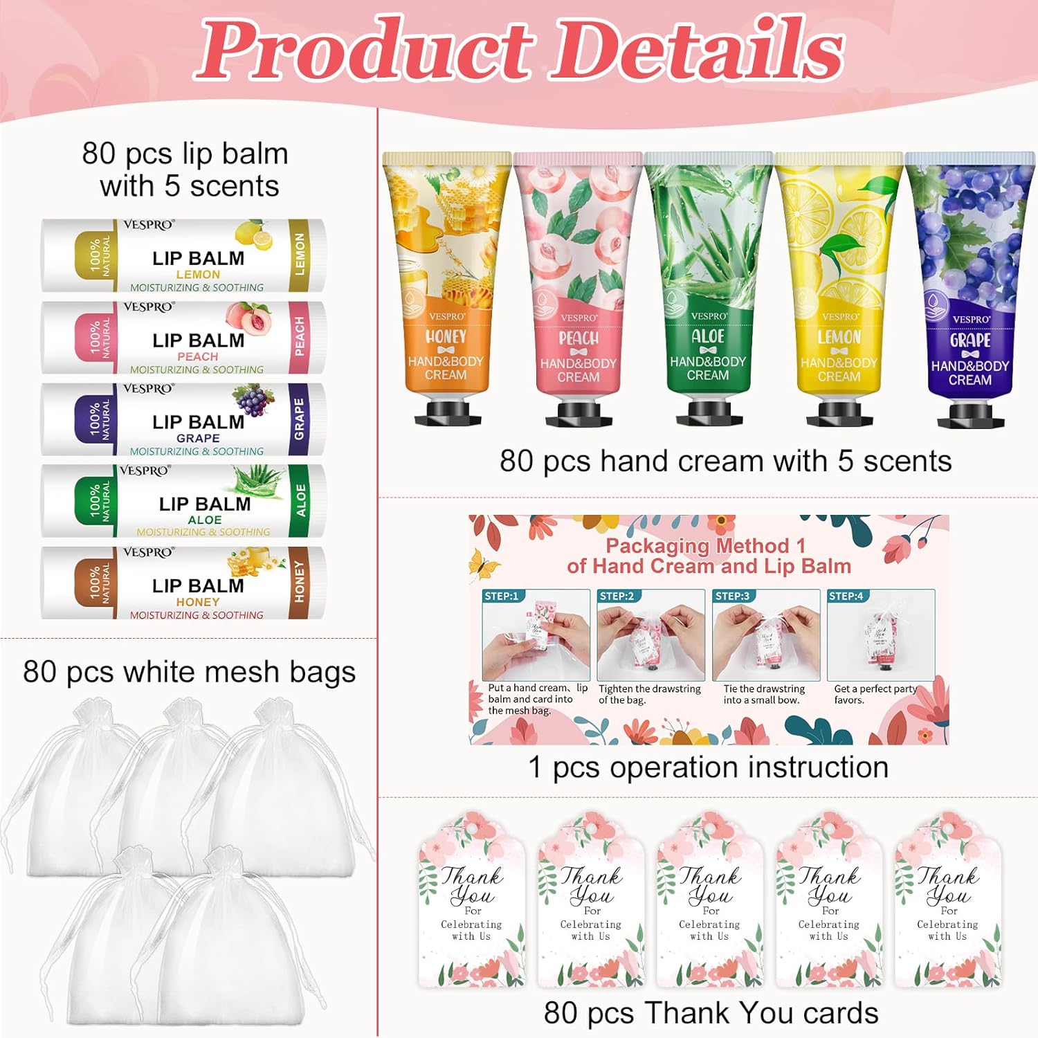 80 Piece Bulk Hand Cream and Lip Balm Gift Set for Party Favors and Thank You Gifts - Image 2