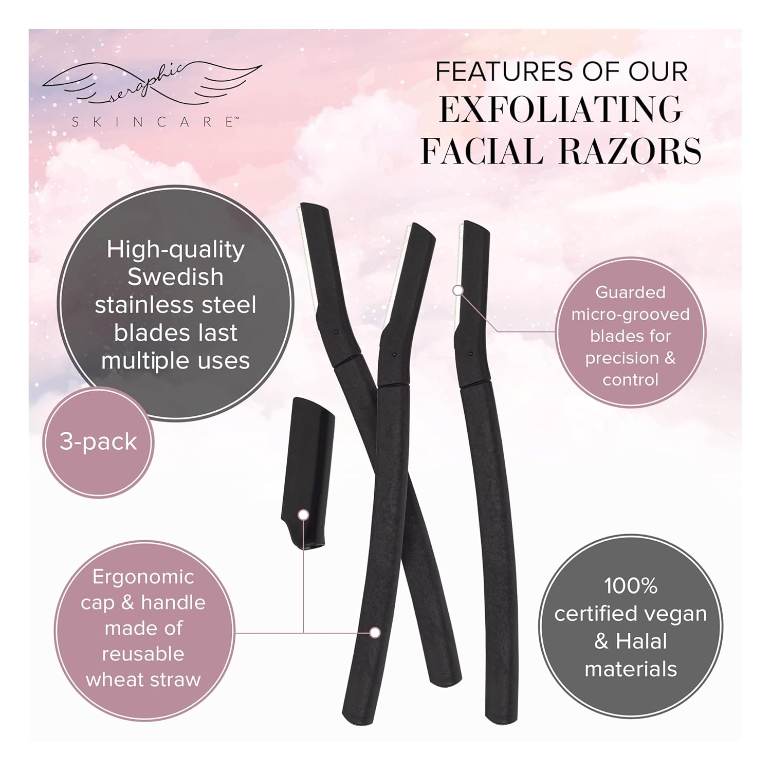 Seraphic Skincare Exfoliating Facial Razors (3pc) & Bikini Buffer – Dermaplane Face Razor for Women – Ingrown Hair & Razor Bumps Treatment on Bikini Area – Natural & Effective Exfoliation - Image 3