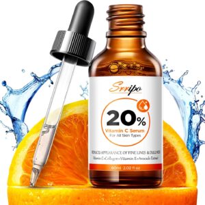 Pure Natural Skin Brightening & Anti Aging 20% Vitamin C Serum, Collagen Peptide Infused Face Serum for Deep Hydration, All-in-One with Niacinamide, Retinol, Hyaluronic Acid, 2.02 Fl Oz
