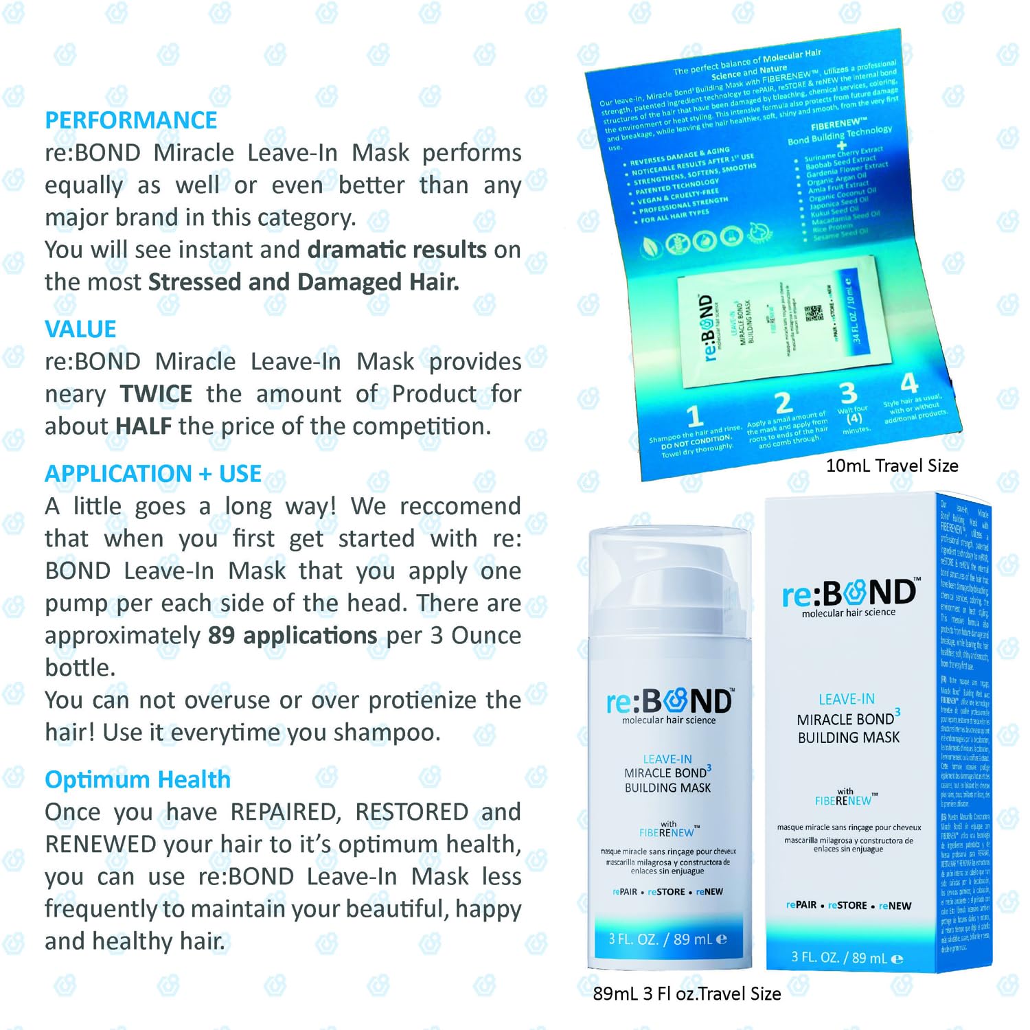 ReBOND Miracle Bond Building Leave-in Hair Mask 4 Minute Repair Treatment Set 3oz + 0.34oz for Damaged Hair - Image 5