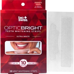 BioSwiss Teeth Whitening Strips, Optic Bright Ultra White Mint Tooth Whitener Strip Set, Pack of 28, Red Box