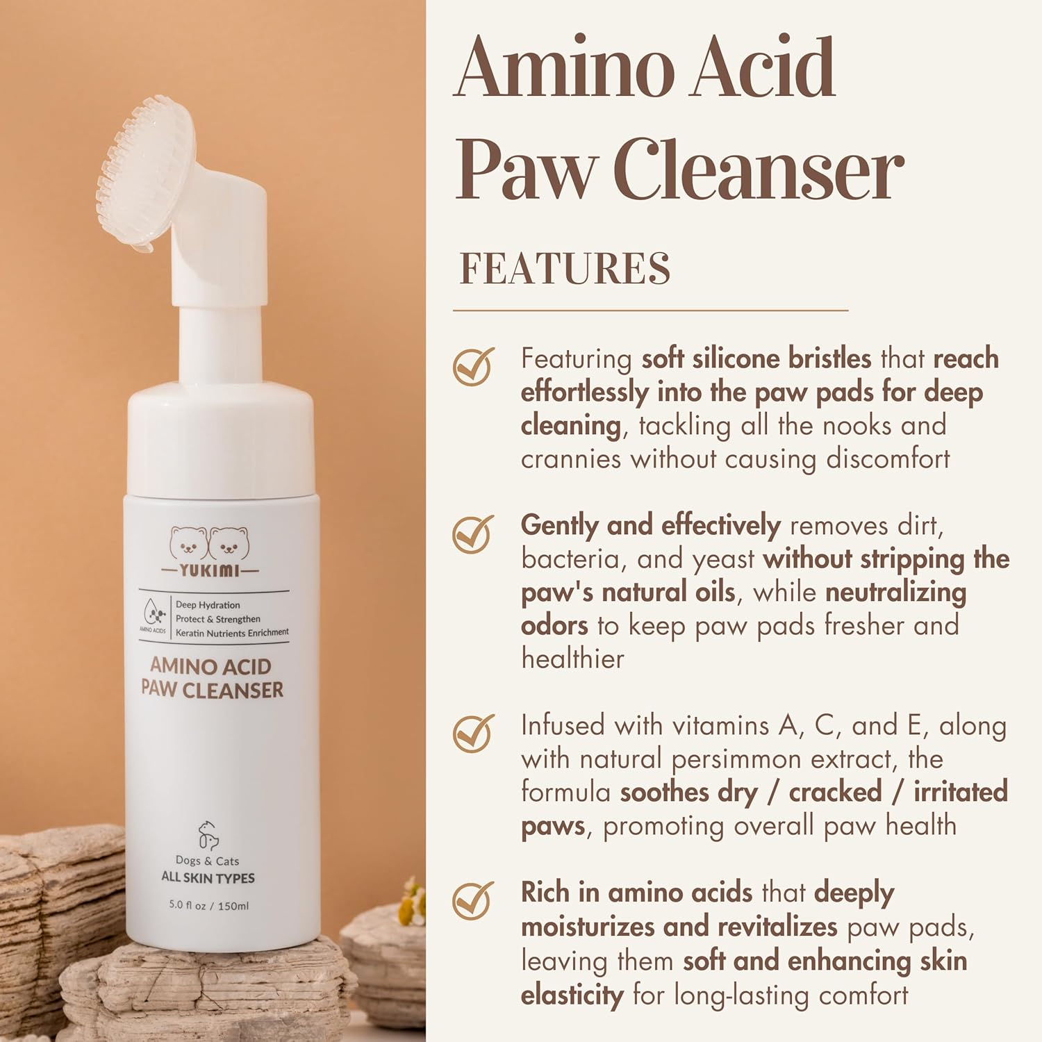 YUKIMI Premium Amino Acid Paw Cleanser with Silicone Bristle Brush for Dogs & Cats | Dermatologist Certified Hypoallergenic | Hydrating, Soothing, Deodorizing, Moisturizing | pH Balanced - 5.0 Fl Oz - Image 2