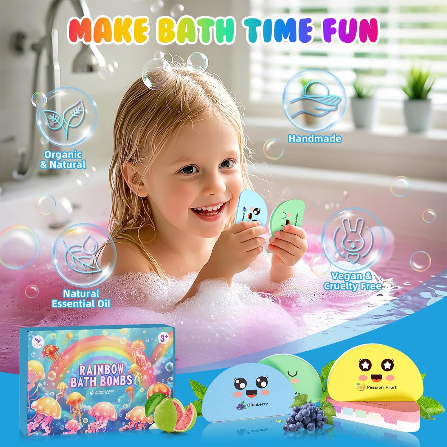 Bath Bombs for Kids Gift Rainbow Set, 4 Pack Handmade Natural & Organic Kids Bath Bombs for Boys,Bubble Bath Fizzy with Surprise Colors, Birthday Gifts for Boys and Girls,Bath Toys for Ages 4-8 - Image 2