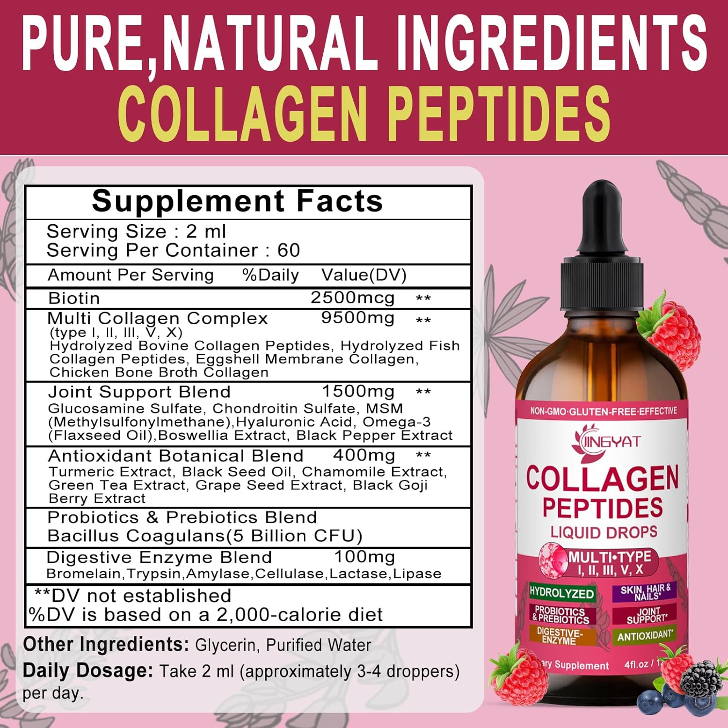 Collagen Peptides Liquid Drops, Multi Collagen Peptides for Women w/ Glucosamine Chondroitin MSM Biotin, Hydrolyzed Collagen Peptides Supports Skin Hair Nail Joints Bones Gut Health, 60 Servings - Image 7
