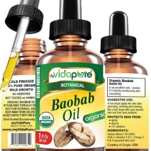 MYVIDAPURE Organic BAOBAB OIL Certified Organic 100% Natural Pure VIRGIN UNREFINED. 1 Fl.oz.- 30 ml. For Skin, Face, Hair, Lip and Nail Care