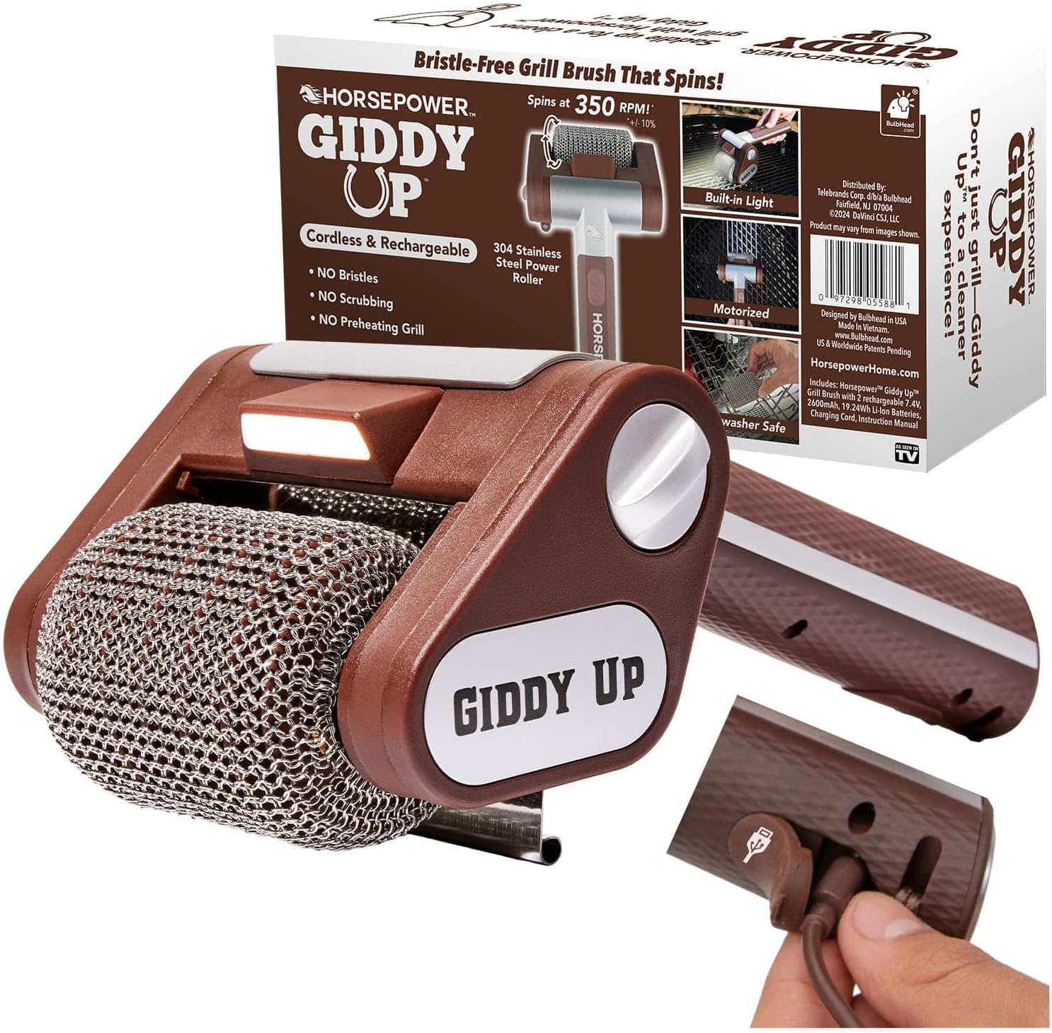 HorsePower Giddy Up Grill Cleaner AS-SEEN-ON-TV! – Cordless, Rechargeable BBQ Tool with 350 RPM Stainless Roller, LED Light – Patents Pending – From BulbHead, a Family-Owned American Brand