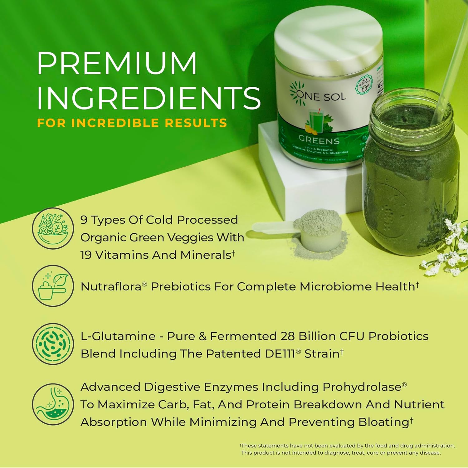 One Sol Greens, Super Greens Powder to Reduce Bloating & Improve Gut Health, Superfood Fresh Bloom Organic Greens Blend Juice & Smoothie Mix, Pre & Probiotic with Digestive Enzymes, Vegan & Soy Free - Image 6