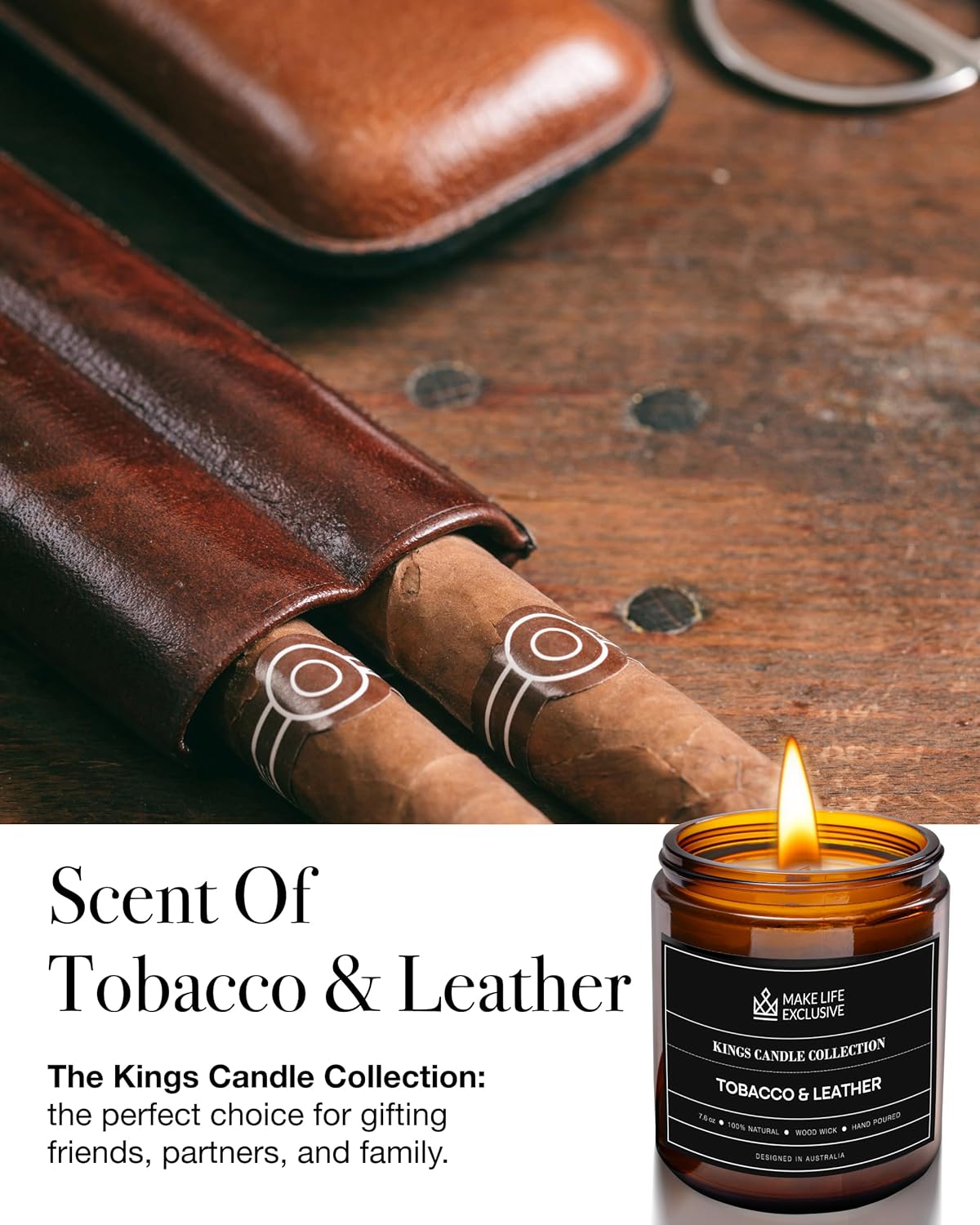 Scented Candles for Men | Tobacco & Leather Scented | Wooden Wick, Long Lasting, Masculine Scents | Natural Soy Jar Candle for Home, Bacehlor Pad Decor | The Perfect Mens Gift - Image 2