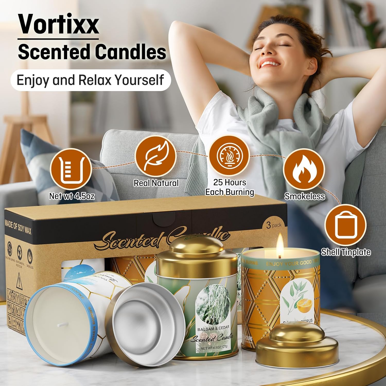 3-Pack Aromatherapy Candle Set - Balsam & Cedar, Sage & Citrus, Coconut & Beach Scented Candles | 4.5oz × 3 (13.5oz Total) | 75+ Hour Total Burn | Natural Soy Candles for Home, Gifts & Christmas - Image 5