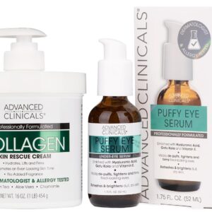 Advanced Clinicals Collagen Cream + Puffy Eye Face Serum 2pc Set | Collagen Body Lotion & Brightening Under Eye Serum | Fragrance Free | Skin Care Products, 2pc Bundle